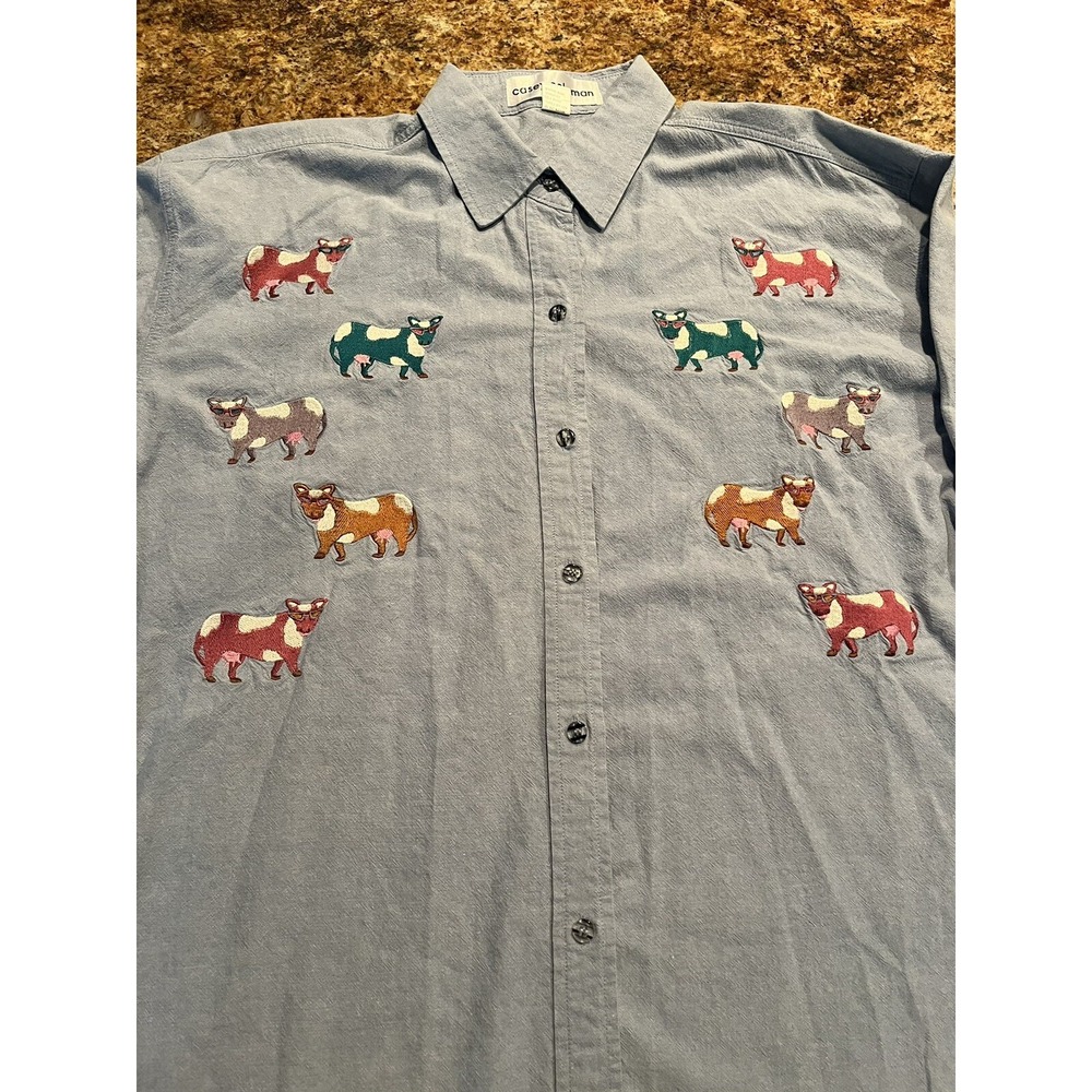 Casey Coleman Embroidered Chambray Long Sleeve Shirt - Cows In Sunglasses Size ?